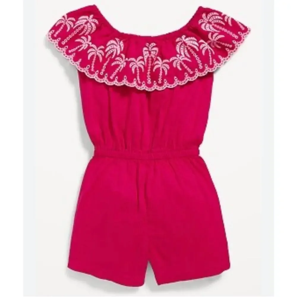 Old Navy Pink Embroidered Palm Ruffle Romper Girls 4T Cotton Summer Playwear